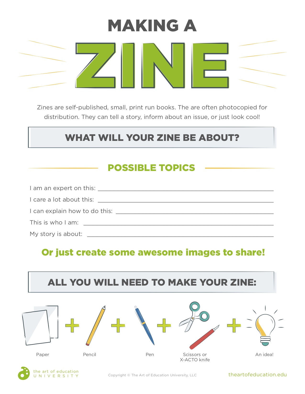 A worksheet for students to fill out when making their own zine, titled "Making a Zine."