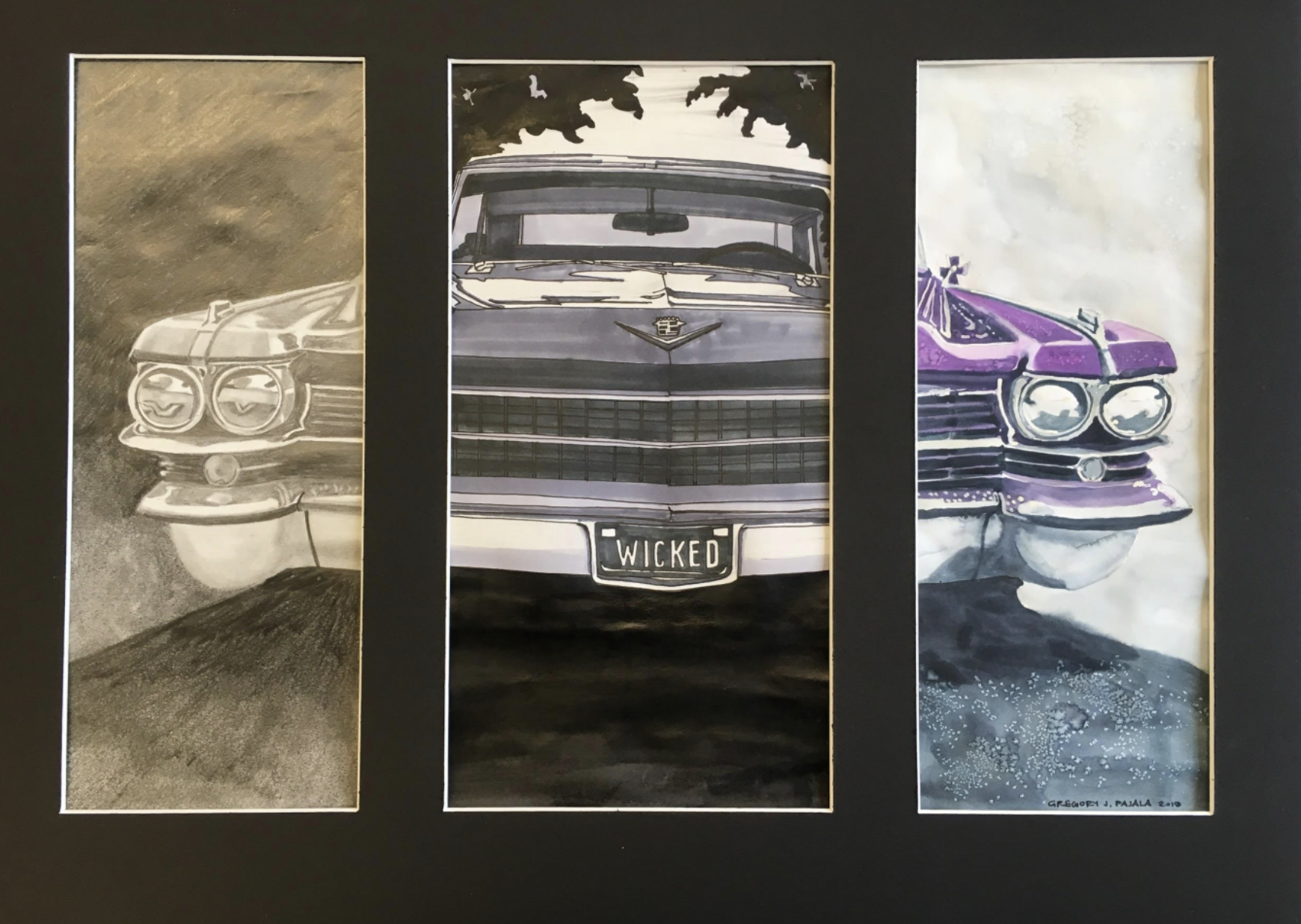triptych artwork of vintage car