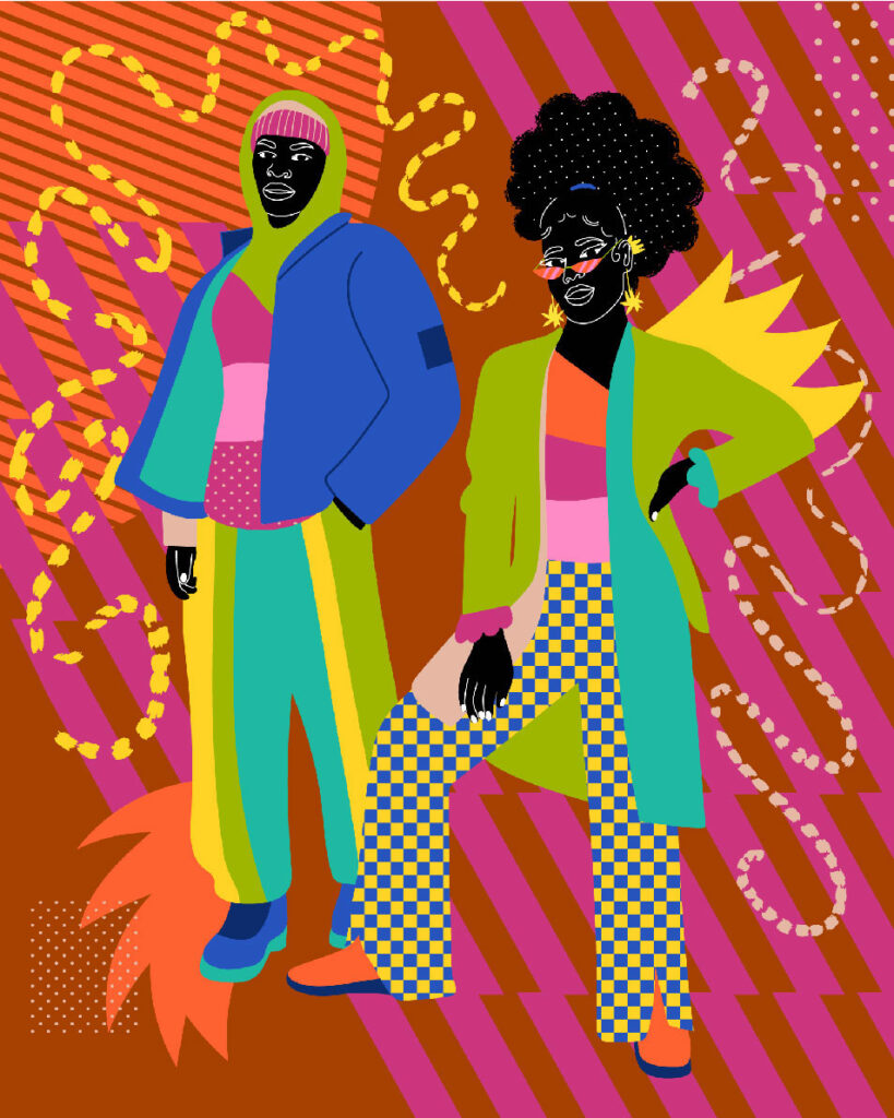 artwork of two figures in colorful clothes