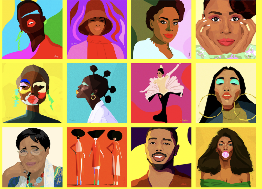 artwork with portraits in grid