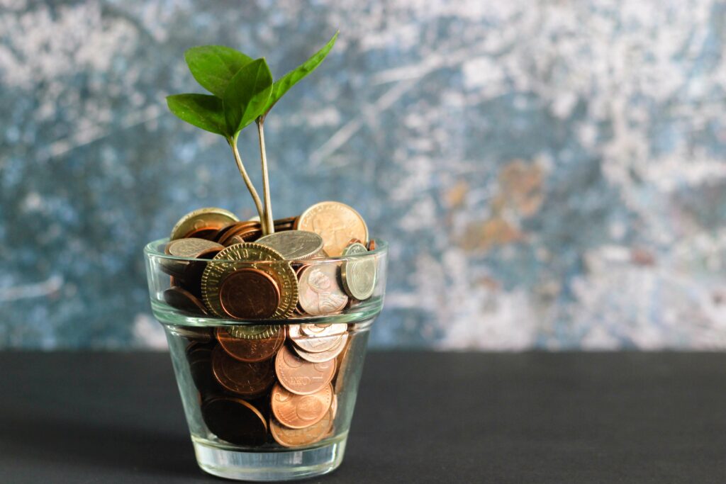 glass filled with money and a plant growing