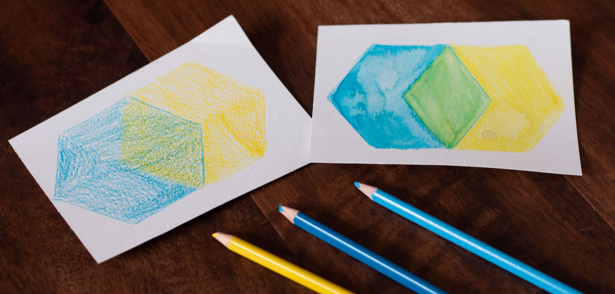artworks with watercolor color pencil and shapes