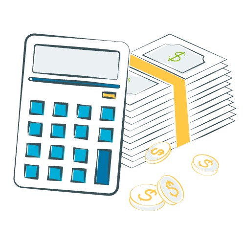 illustration of calculator and stack of money and coins