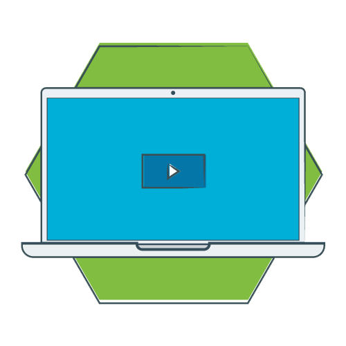 green hexagon with illustrated laptop playing a video