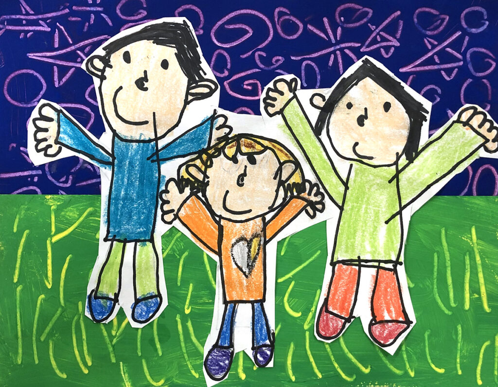 drawing of three family members with grass and sky