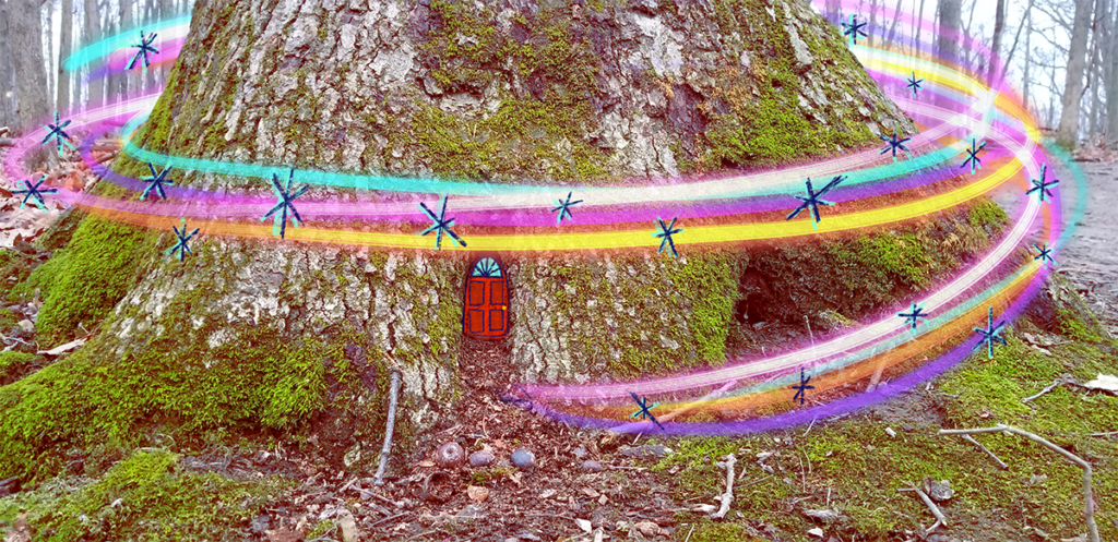 photo of tree base by chelsea dipman with drawn rainbow swirling around tree and red fairy door