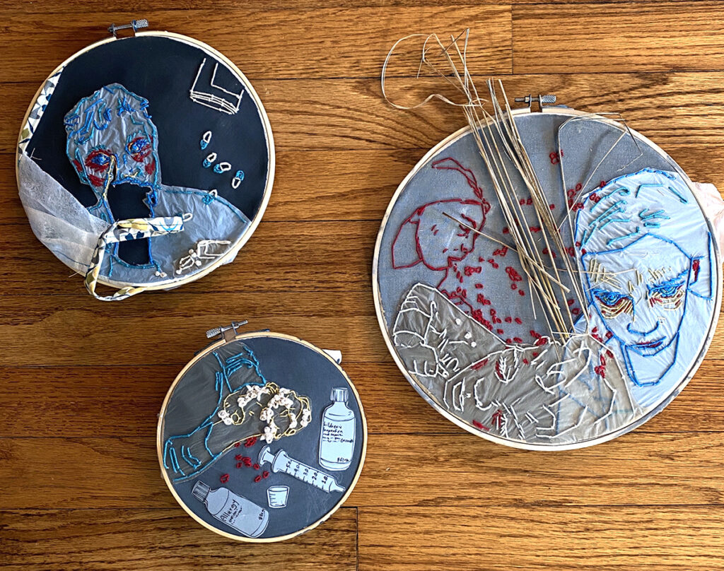 three final works embroidery hoops