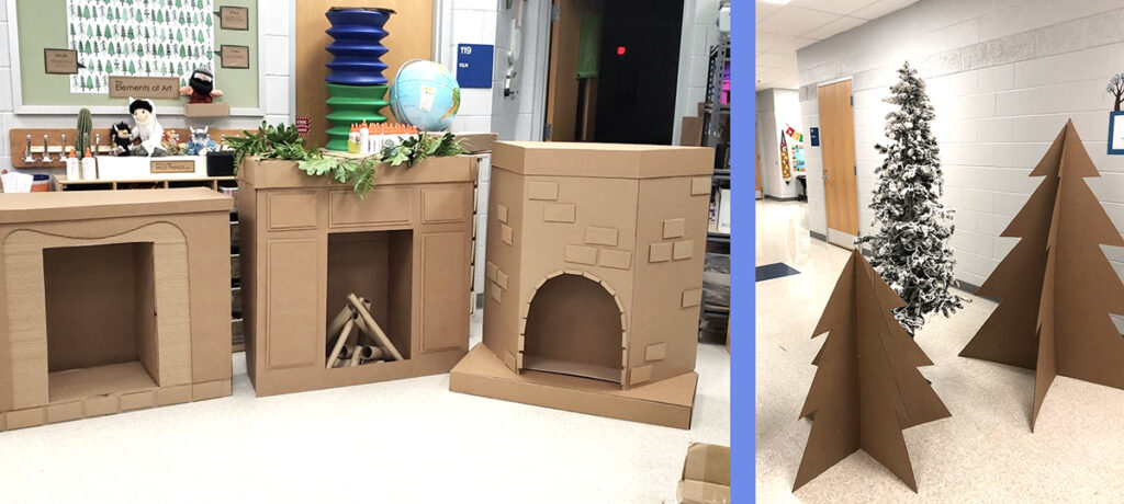 cardboard winter trees and fireplaces